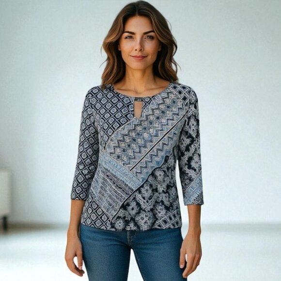 Boho Indie Retro Womens Blue Pattern Keyhole Blouse Quarter Sleeve Casual Top M - Picture 2 of 8